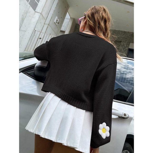 Womens Long Sleeve Open Front Flower Knit Cardigan Aesthetic Shrug Outfits - Picture 5 of 6